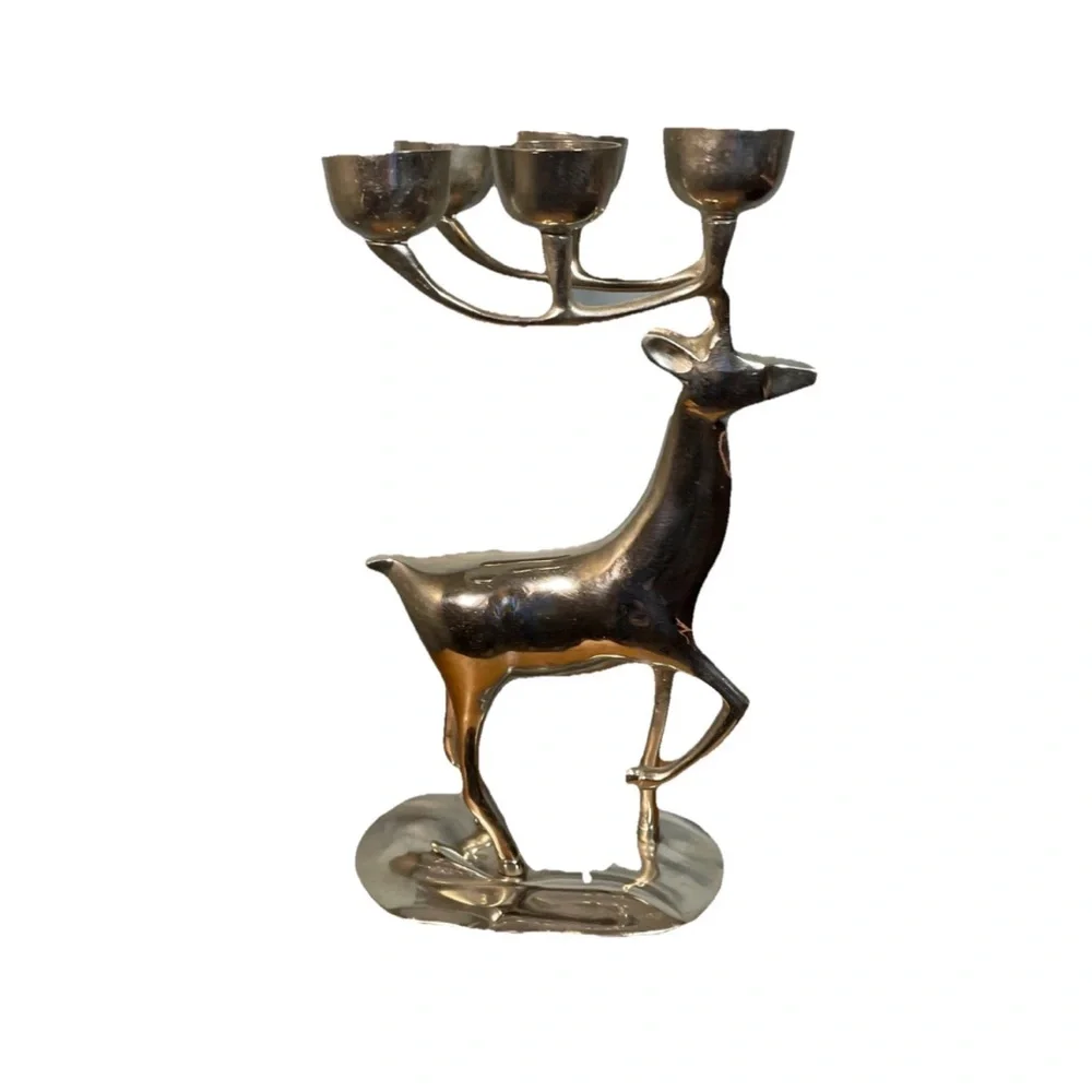 Silver Chrome Metal Reindeer 6 Candle Holder Holiday Christmas